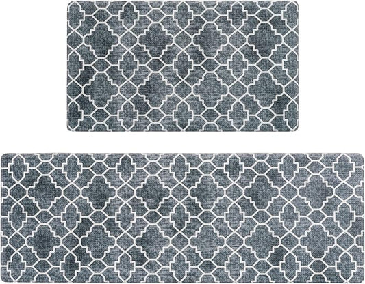 FRESHMINT Kitchen Mat Set of 2, Anti-Fatigue Cushioned Kitchen Mats for Floor, Waterproof Non Slip Comfort Standing Mat, Boho Kitchen Rug for Kitchen Decor, Sink, Office, 17"x30"+17"x47", Navy Blue