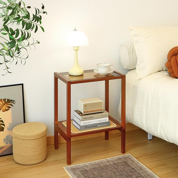 2-Tier Bamboo Side Table, Modern Glasstop Rattan Side Table, Mid Century Wood Sofa-Side End Tables for Living Room, Bedroom Night Stand with Storage, Small Narrow Coffee Tables, Walnut