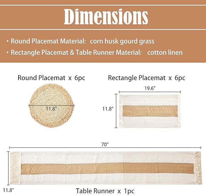 Denique Boho Placemats Set of 13 PCS - Handmade Grass Woven Meal Mats and Natural Cotton Linen Burlap, with 1 Macrame Burlap Table Runner 12x70inch, Table Mats Set for Dining Table Kitchen