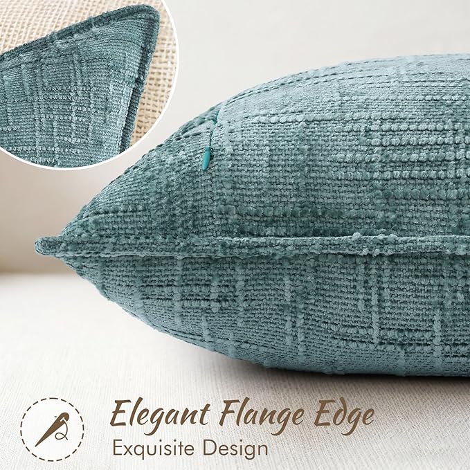 decorUhome Chenille Throw Pillow Covers 16x16 Set of 2, Thick Textured Slubby Neutral Decorative Pillow Covers with Elegant Design for Couch, Sofa, Living Room, Teal