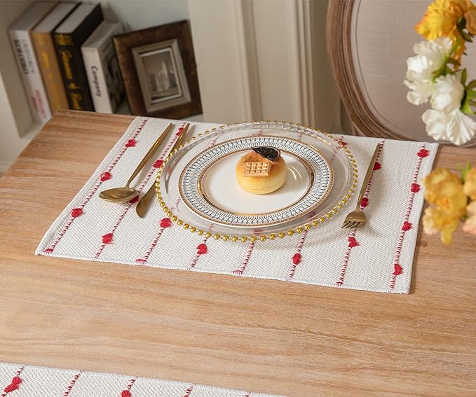 Christmas Valentines Placemats Set of 6, Cotton Linen Woven Table Mats for Modern Dining Table, 13x19 Inch Rustic Kitchen Valentine's Day Decorations Red Place Mats