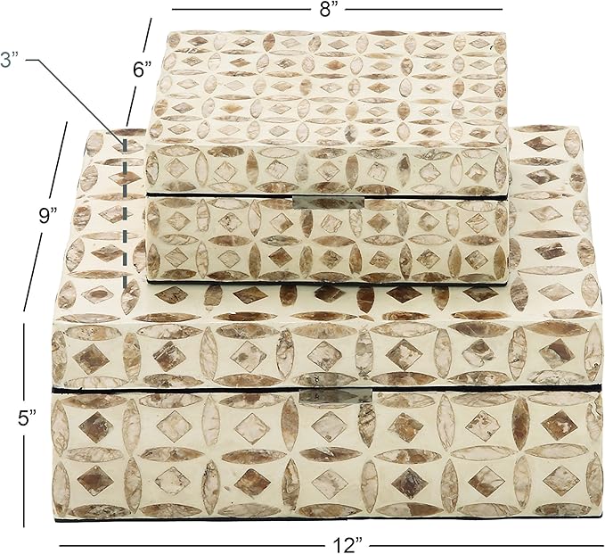 Deco 79 Mother of Pearl Shell Decorative Box Mosaic Storage Decorative Keepsake Boxes with Taupe Accents, Set of 2 Storage Boxes 12", 8"W, Beige