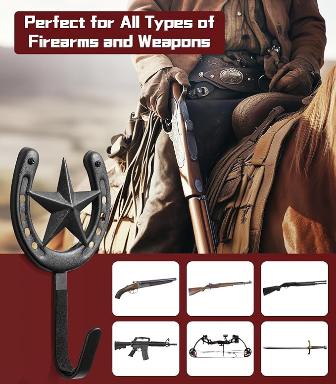 Adowes Gun Rack for Wall Western Shotgun Rifle Rack Wall Mount Metal Wall Gun Hanger Holder Display for Sword Bow Firearm Texas Star and Horseshoe