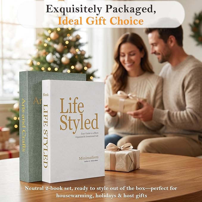Decorative Book for Coffee Table: Linen Fabric with Gold Foil Faux Books - Set of 2 Boxes with Hidden Storage Solves Clutte - Neutral Modern Style