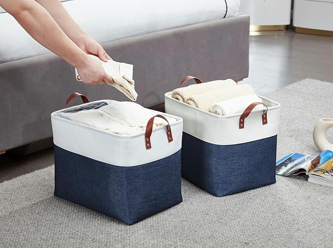 DECOMOMO Large Fabric Storage Baskets - Linen Closet Storage Bins with Handles for Laundry, Clothes, Home, Office (Navy Blue & White, XXL - 3 Pack)