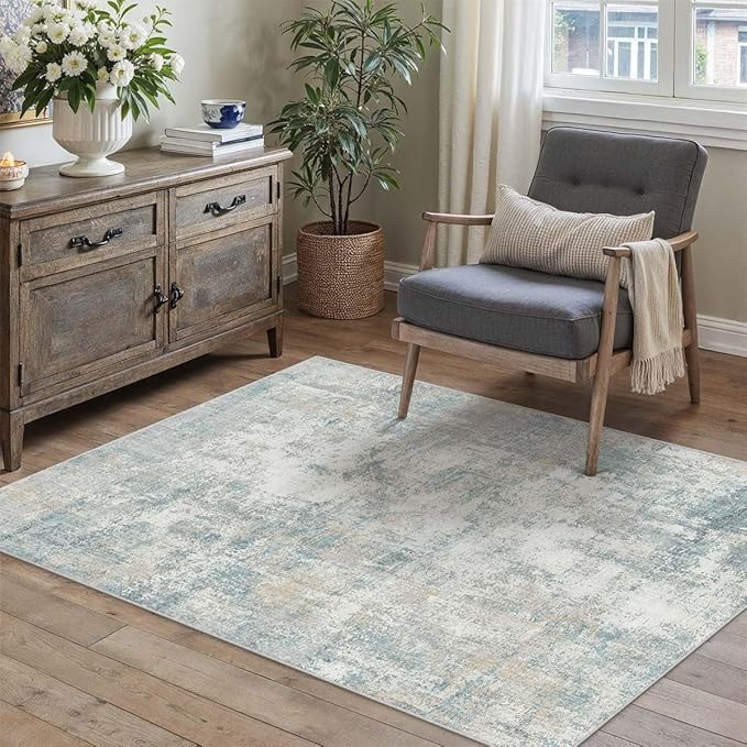 WondRg 3x4 Washable Area Rug Blue Cream Abstract Entryway Office Throw Rug Neutral Modern Non Slip Soft Low Pile Lightweight Small Carpet for Kitchen Living Room Bedroom Entrance