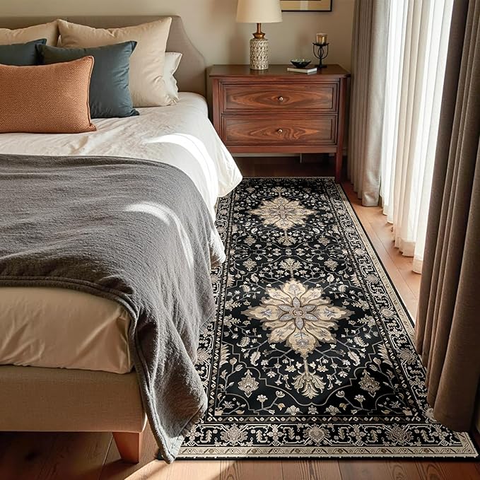 RELEANY Area Rugs 3'x6' Washable Non-Slip, Floral Vintage Distress Print Pattern Medallion Carpet for Living Room Bedroom Dining Room, Black Brown Neutral Dark Tan