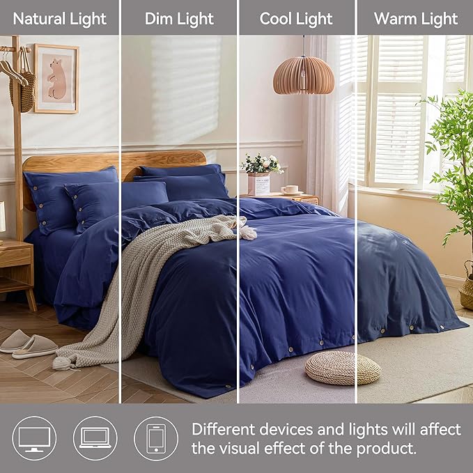 JELLYMONI Cotton Duvet Cover Full Size - Navy Blue Comforter Cover with Button 100% Washed Cotton 3PCS Breathable Soft Solid Bedding Set Duvet Cover 80×90in & 2 Pillowcases (NO Comforter)