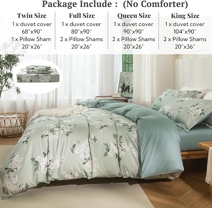 MILDLY Queen Size Duvet Cover Set 100% Long-Staple Cotton Luxury Sage Green Floral Patten Reversible Comforter Cover Set 3Pcs