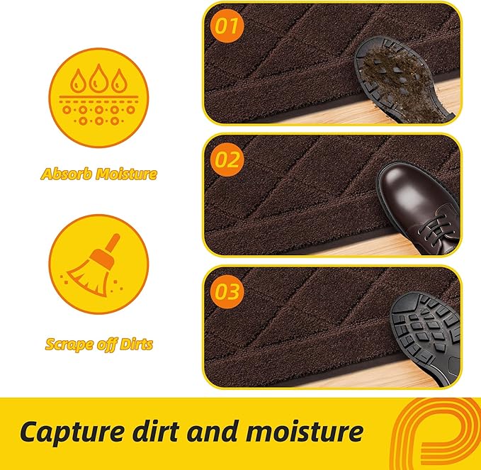 JSEI Dirt Trapper Door Mat 24"x36", Non-Slip Washable Entryway Mats, Dog Door Mat, Stain Resistant and Absorbent Floor Mats, Low Profile Welcome Mat for Front Back Door, Brown