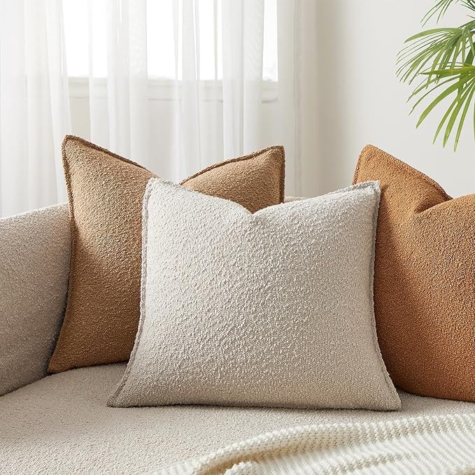 JUSPURBET 22x22 Pillow Covers Set of 2 Decorative Throw Pillow Covers Case for Couch Sofa Bed Soft Boucle Textured Cushion Covers with Hidden Zipper for Home Decor Living Room,Beige