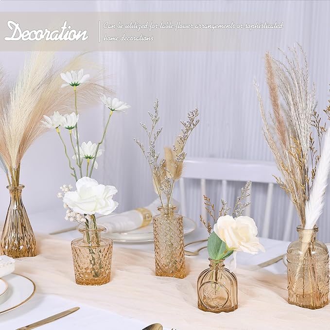 Glass Bud Vase Set of 5, Small Amber Flower Vases for Centerpieces in Bulk, Mini Vintage Vase for Wedding Decor, Single Flowers, and Home Table Décor