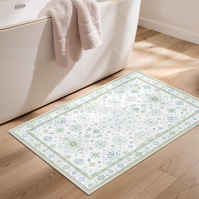 GENIMO 2x3 Runner Rug,Machine Washable Non-Slip Vintage Rugs,Low Pile Lightweight Carpet for Bedroom,Hallway,Entryway,Kitchen,Bathroom,Creamgreen