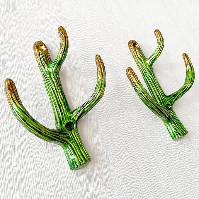 Vintage Cactus-Shaped Decorative Wall Hooks Rack Hangers for Hanging Clothes Coats Towels Keys Hats, 2 Pack Antique Metal Mounted Wall Hook