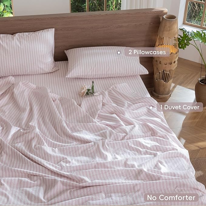 MooMee Striped Duvet Cover Set 100% Washed Cotton Linen Like Textured Breathable Durable Soft Comfy (Heathered Greyish Pink Classic Stripes, Queen 90"x90")