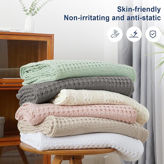 PHF 100% Cotton Waffle Weave Blanket King Size for Bed, Soft Lightweight & Breathable, All-Season Comfort, 300 GSM Luxury Aesthetic Blanket for Home Decor, 108"x90", White