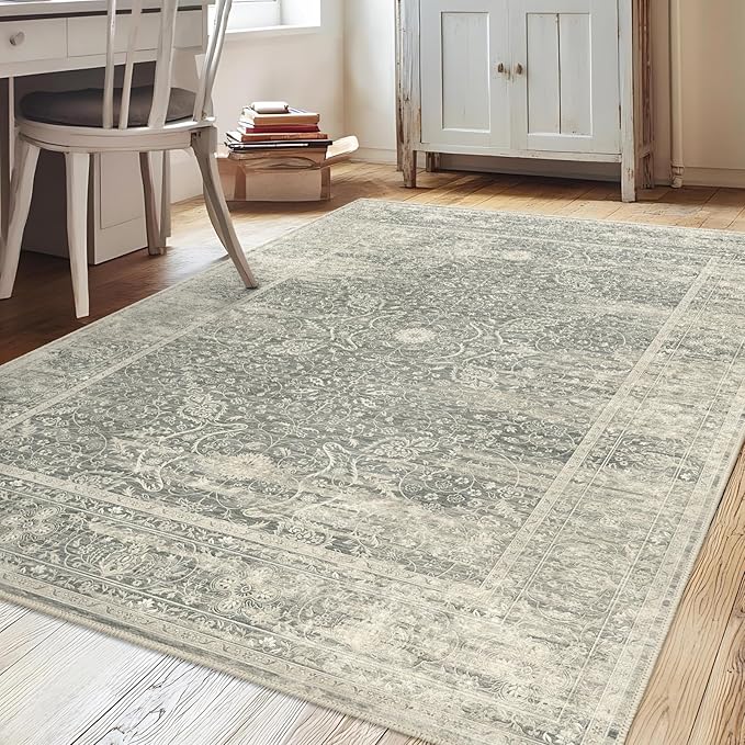 Fortsea Area Rug 7X9 for Living Room, Machine Washable Non Slip Vintage Rugs, Low Pile Lightweight Print Rug for Bedroom, Dining Room, Home Office (7x9 Sage/Ivory)