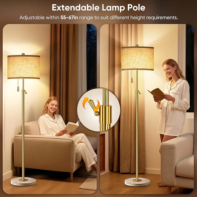 FUNNYBEHOM Modern Gold Floor Lamp for Living Room, Floor Lamp with Remote Control, Adjustable Height Standing Lamp with Marble Base & Linen Shade, Dimmable Tall Floor Light for Bedroom, Reading