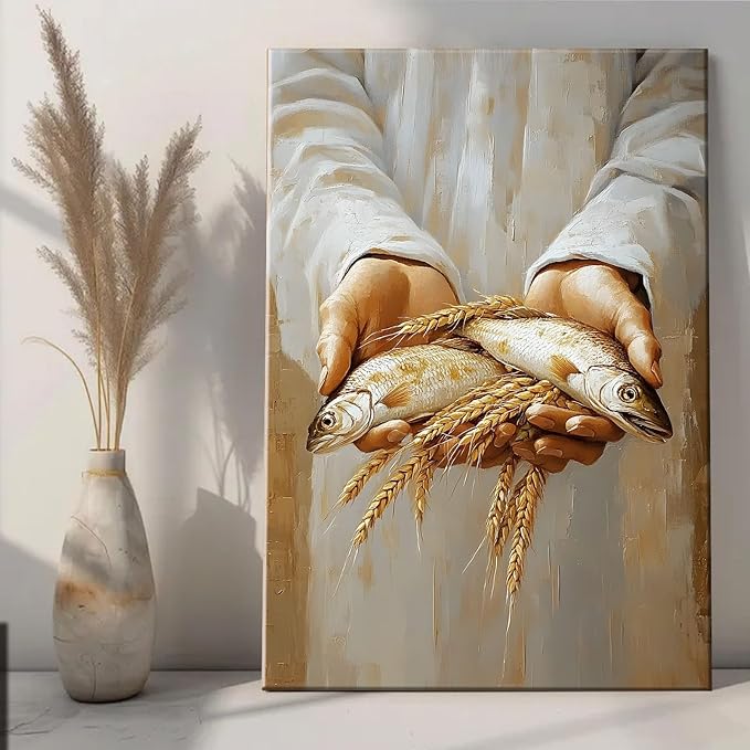 Frame Jesus Feeds the 5000 Canvas Wall Art Christian Five Loaves and Two Bible Scripture Wall Decor Pictures 5 Bread and 2 Fish Posters Prints for Dining Living Room Kitchen Wall Bedroom Decoration16X24in