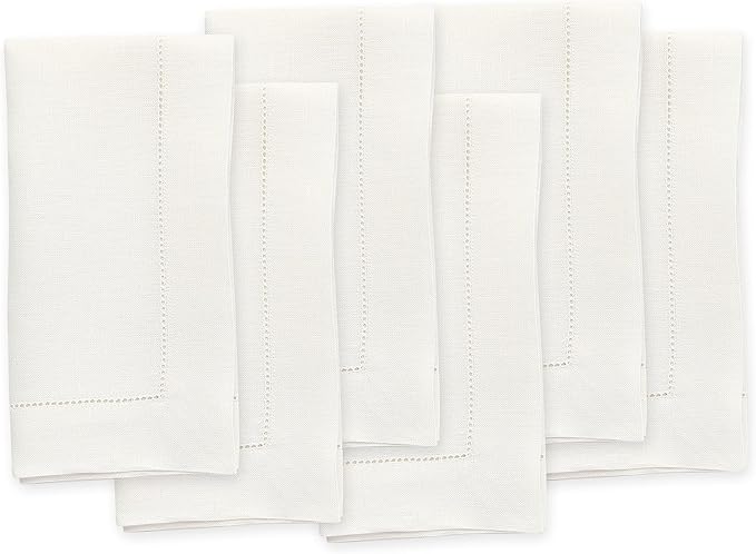 Solino Home Ivory Linen Napkins Set of 6-100% Pure Linen Hemstitch Dinner Napkins 20 x 20 Inch for Spring, Easter - Classic Hemstitch