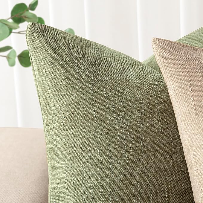 Foindtower Pack of 2 Soft Textured Chenille Throw Decorative Pillow Covers Square Accent Solid Cushion Cover Cozy Neutral Farmhouse Pillow Case for Couch Sofa Bedroom Living Room 22x22 Inch,Sage Green