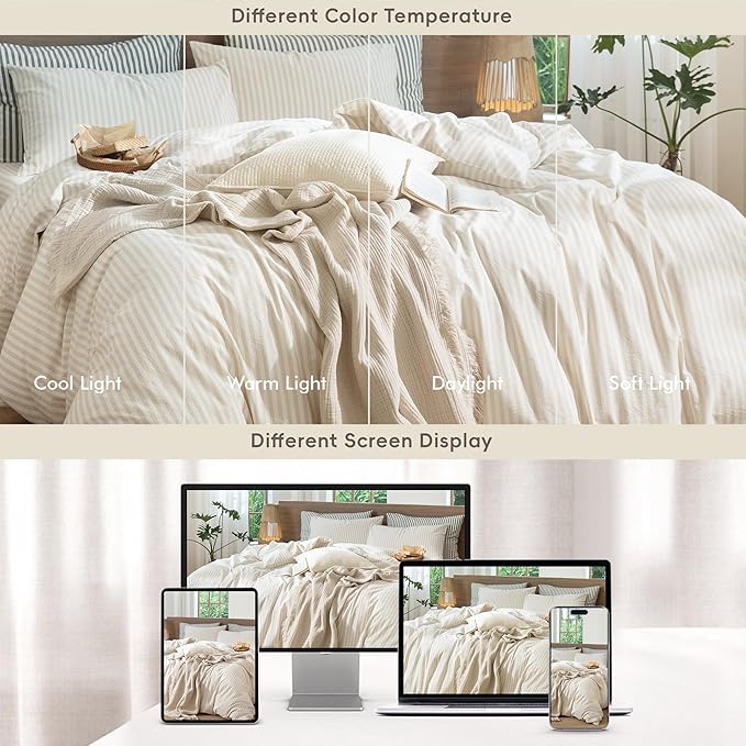 MooMee Striped Duvet Cover Set 100% Washed Cotton Linen Like Textured Breathable Durable Soft Comfy (Almond Milk Grey Classic Stripes, King 104"x90")