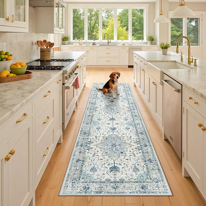 RELEANY Area Rugs 2'x8' Washable Non-Slip, Floral Vintage Distress Print Pattern Medallion Carpet for Living Room Bedroom Dining Room, Light Blue Navy Beige Gray White