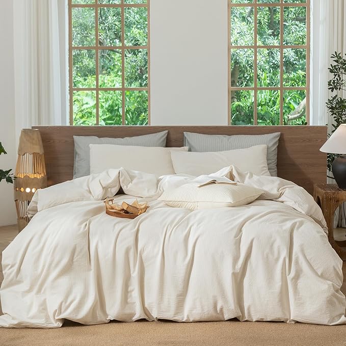 MooMee Striped Duvet Cover Set 100% Washed Cotton Linen Like Textured Breathable Durable Soft Comfy (Almond Milk Grey Pinstripes, King 104"x90")