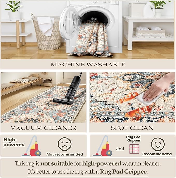 RELEANY Area Rugs Square 4ft Washable Non-Slip, Floral Vintage Distress Print Pattern Medallion Carpet for Living Room Bedroom Dining Room, Beige Navy Blue Orange Colorful