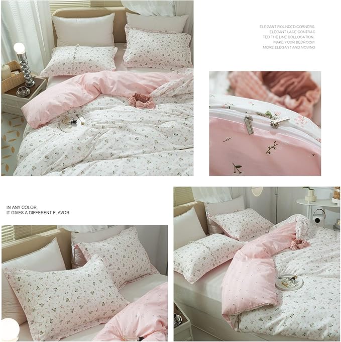LifeTB Cotton Floral Duvet Cover Queen Girl Pink Flower Bedding Sets Garden Style Cotton Floral Comforter Cover Pink White Floral Bedding Sets Flower Branches Pattern Duvet Cover with Zipper Closure