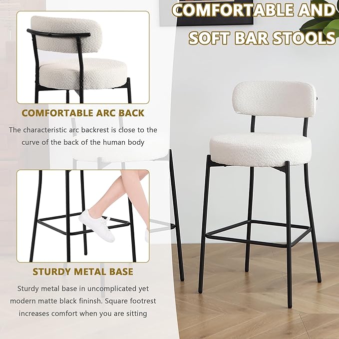 DYHOME Bar Stools Set of 2, White 28 Inches Boucle Counter Height Bar, Modern Bar stools Chairs Upholstered Barstools with Back & Footrest Metal Legs, Stools for Kitchen Island, Counter, Cafes