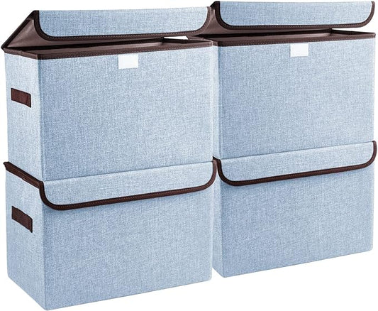 Foldable Storage Bins with Lids, Decorative Storage Baskets, Large Storage Boxes for Home, Office, Bedroom, Closet, Blue, Medium, 4 Pack 14.6 x 9.5 x 9.5”