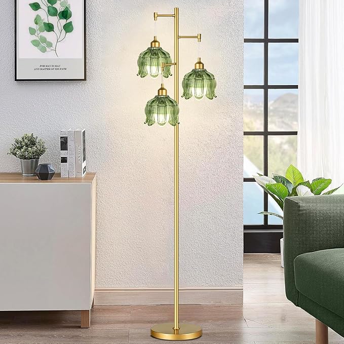 WLQCWL Vintage Floor Lamps for Living Room Bedroom-3 Light Gold Floor Lamp with Glass Lampshape, Flower Green Tall Lamp Mid Century Modern Standing Lamp Tree Floor Lamp for Bedroom Living Room Corner