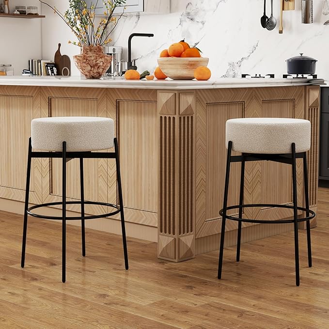 SoarFlash Modern Rotatable Bar Stools Set of 2, 30" Sherpa Swivel Counter Height Stools with Round Soft Padded Boucle Backless Seat, White