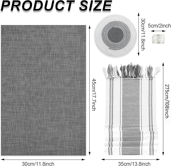 SK Studio 19Pcs Boho Table Runner Placemat and Napkin Ring Set Rectangle and Round Meal Mats Macrame Table Runner with Tassels for Wedding Kitchen Dining, Grey