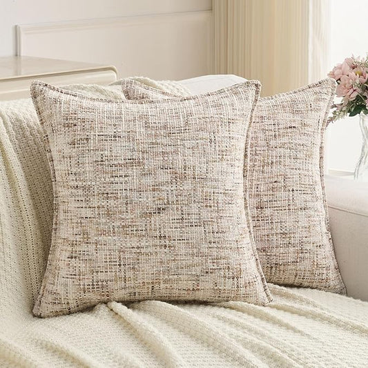 FUTEI Beige Brown Decorative Throw Pillow Covers 16x16 Inch Set of 2,Soft Chenille Tweed Textured Cushion Case,Modern Home Decor for Couch Bed Living Room