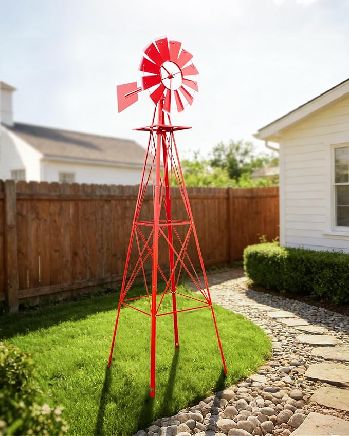 8FT Windmill for Yard Garden Decoration with Weather Vanes，Heavy Duty Outdoor Wind Mills, Large Metal Outdoor Windmill,Weather Resistant,Red