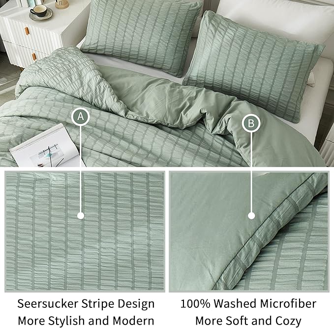 AveLom Sage Green Seersucker Twin/Twin XL Comforter Set (68x90 inches), 2 Pieces-100% Soft Microfiber Lightweight Comforter with 1 Pillowcase, All Season Down Alternative Comforter Set for Bedding