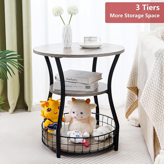 Small Side Table Round End Table with Storage Shelf Basket, 3-Tier Accent Corner Sofa Couch Side Tables Coffee Drink Table for Small Spaces,Round Nightstand for Living Room, Bedroom, Greige
