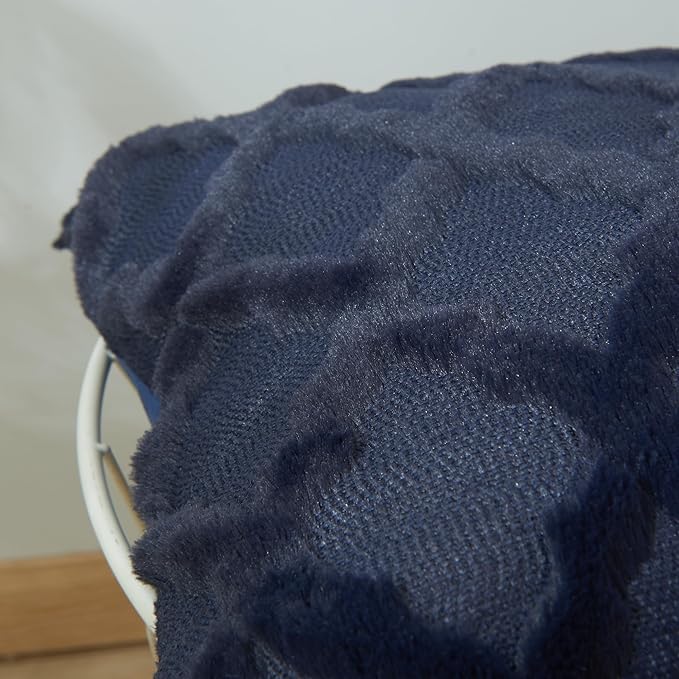 EMMTEEY Boho Pillow Covers 12X20 - Fluffy Stripe Single-Sided Embroidery with Soft Faux Fur, Boho Décor Pillow Case for Couch, Sofa Bedroom, Navy Blue