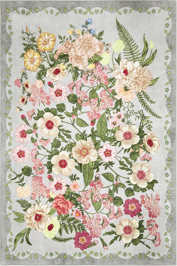 AREAMAY Floral Bedroom Rug - 4x6 Washable Area Rugs Non-Slip Soft Low-Pile Stain Resistant Carpet Flower Print Vintage Indoor Rug forLiving Room Dining Room Office Nursery Room, Grey