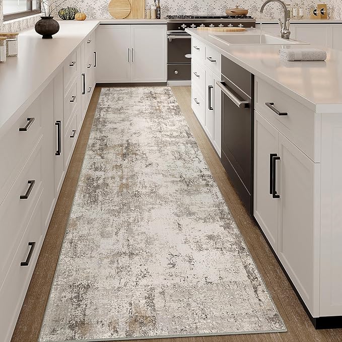 WondRg 2x10 Washable Runner Rug Brown Grey Abstract Hallway Kitchen Throw Rug Neutral Modern Non Slip Soft Low Pile Carpet for Bathroom Laundry Bedroom Living Room