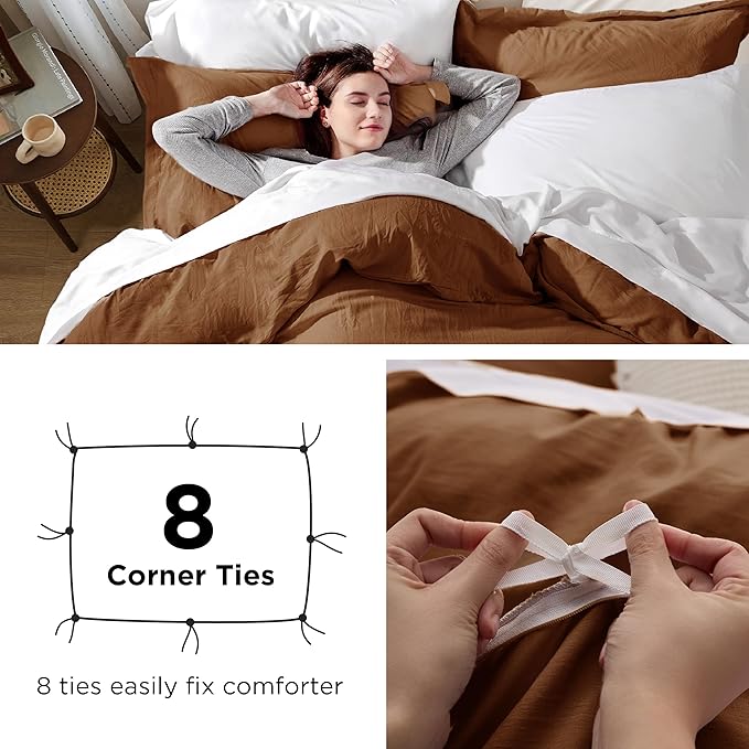 Bedsure Brown Duvet Cover Full Size - 3 Pieces Prewashed Extra Soft Cotton-Like Bedding Set, Includes 1 Duvet Cover 80x90 Inches with Zipper Closure & 2 Pillow Shams, Comforter Not Included