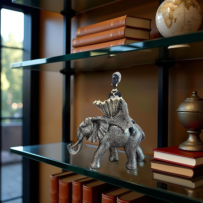 African Woman Riding Elephant Statue with Decorative Bowl, African Figurine Sculpture, Black and Gold Elephant Decor, Jewelry Tray Trinket Dish, Cultural Home Decor Gift