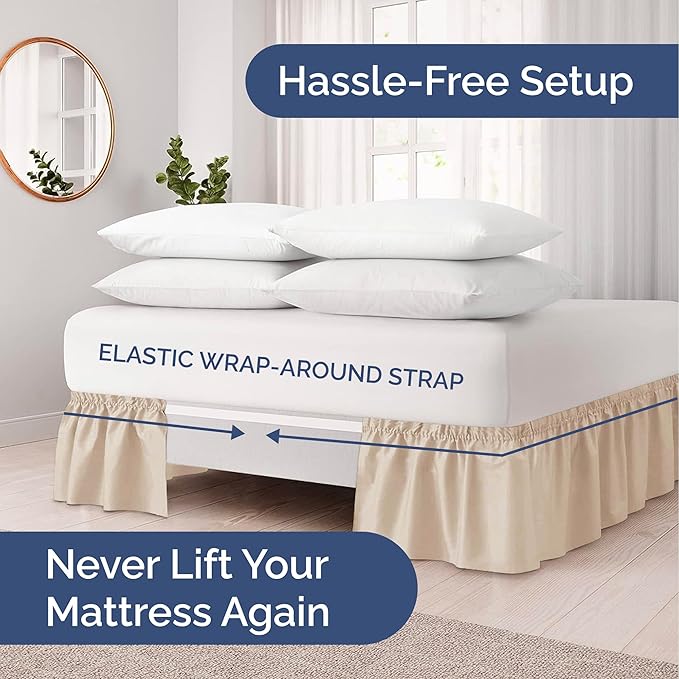 Wrap Around Dust Ruffle Bed Skirt - Cream - for Full Size Beds with 21 Inch Drop - Easy Fit Elastic Strap - Adjustable Pleated Bedskirt w/Brushed Fabric - Wrinkle Free - for Women, Men, Kids & Teens