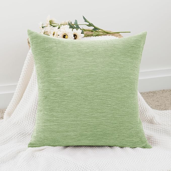 Set of 4 Sage Green Throw Pillow Covers 20x20 Inch, Neutral Boho Farmhouse Aesthetic Decorative Pillow Cases for Couch, Sofa, Living Room & Bed, Chenille Pillow Cases, Stylish Home Decor, 50x50 cm
