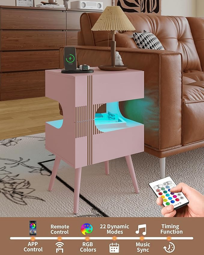 White Nightstand with Charging Station and LED Lights,Modern Bedside Table with 2 Storage Drawer,Night Stand with Solid Wood Legs,White (Pink)
