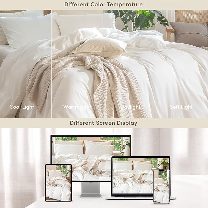 MooMee Bedding Duvet Cover Set 100% Washed Cotton Linen Like Textured Breathable Durable Soft Comfy (Solid Off White, Palatial King/Oversized King 120"x98")