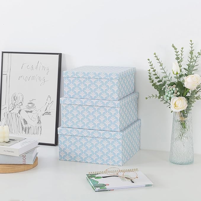 Soul & Lane Set of 3 Decorative Boxes with Lids, Square 11" x 11" Nesting Cardboard Storage for Home Décor in Blue, Keepsake and Memory Boxes for Organizing, Deco Sky