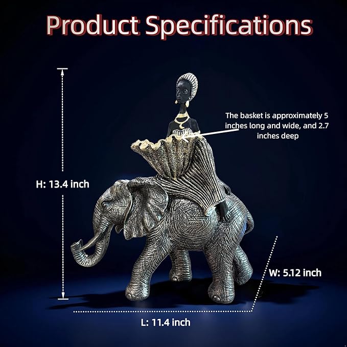 African Woman Riding Elephant Statue with Decorative Bowl, African Figurine Sculpture, Black and Gold Elephant Decor, Jewelry Tray Trinket Dish, Cultural Home Decor Gift